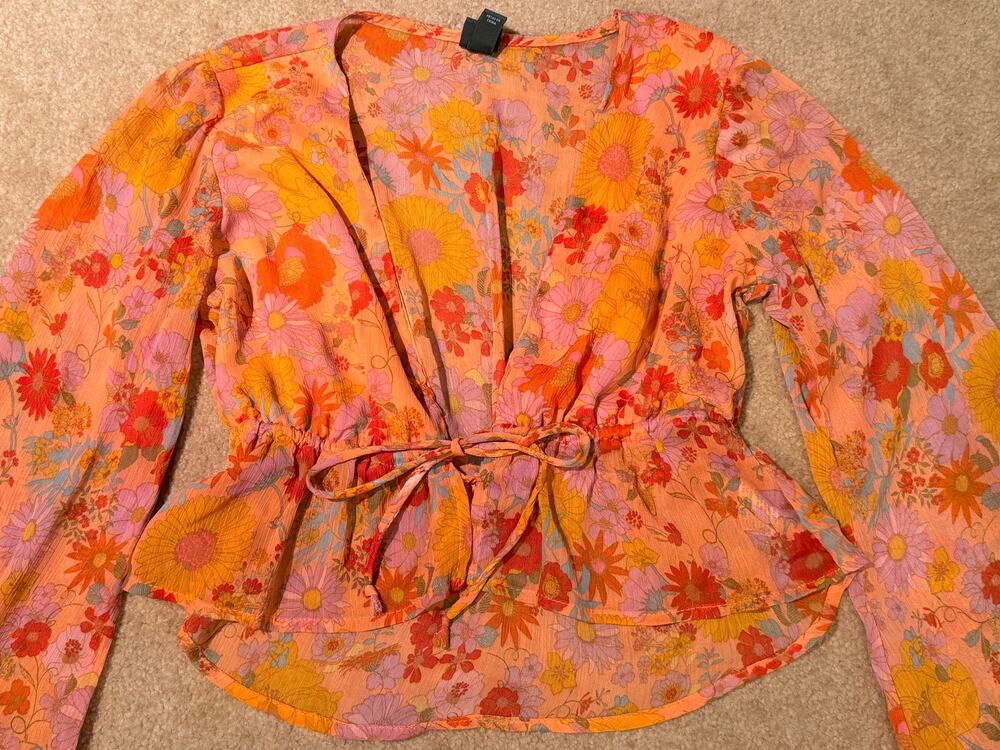 Wild Fable Festival Retro Flower Child Tie Front Bell Sleeve Cropped Blouse XS